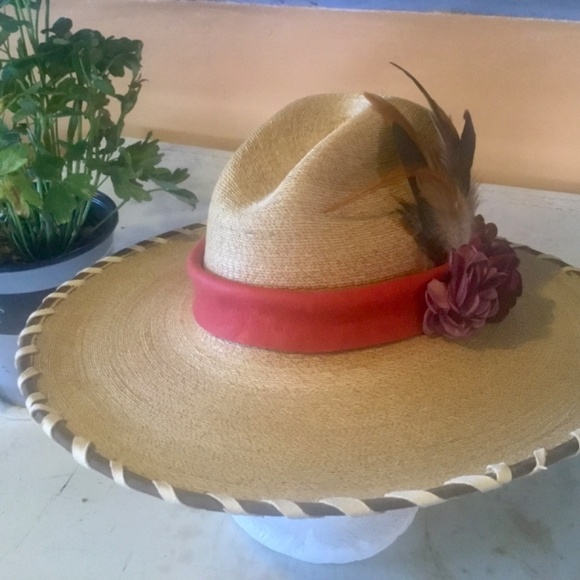 Vintage style cowgirl summer riding hat red suede wild bird chamois laced